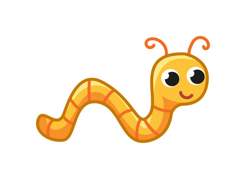 Cute happy striped worm is crawling. Playful baby worm is walking. Small insect in motion. Cheerful yellow worm. Colored flat vector illustration of a cute pet isolated on white background.