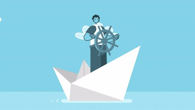 Cartoon man at the helm of paper boat. Flat Design 2d Character Isolated Loop Animation with Alpha Channel