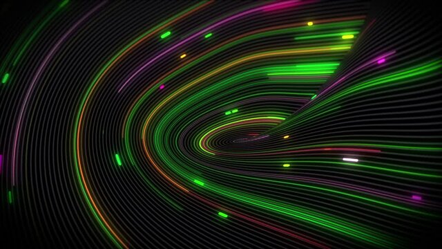 Spiral vortex streams of light on a surface with lines. Colorful and decorative backgrounds for presentations, holidays and footage. Light increasing wave movements
