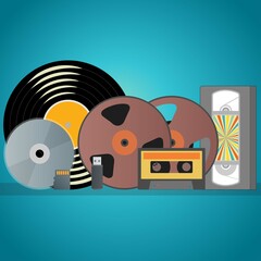 Video and audio recording equipment like cassette, vinyl, usb stick, secure digital card, film reel, compact disk