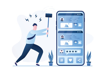 Social media fatigue. A young man wants to smash mobile phone using a hammer. Media application on smartphone screen. Dependence on gadgets and technology. Digital detox.