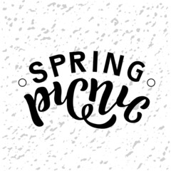 Hand drawn vector illustration with black lettering on textured background Spring Picnic for party, invitation, celebration, advertising, information messages, poster, flyer, website, banner, template