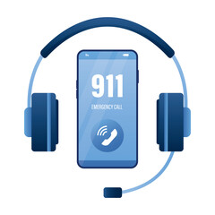 Big headset and mobile phone. 911 emergency call. Support 24/7, concept banner. Customer service. Emergency call center application. Hotline for help desk.