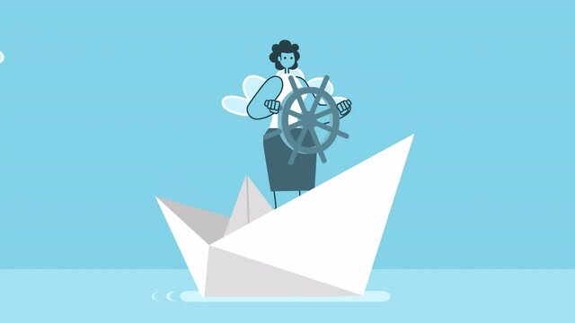 Cartoon woman at the helm of paper boat. Flat Design 2d Character Isolated Loop Animation with Alpha Channel