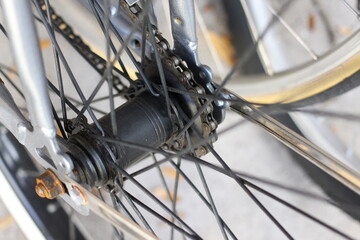 Fototapeta na wymiar bicycle wheel close up. Bike spoke