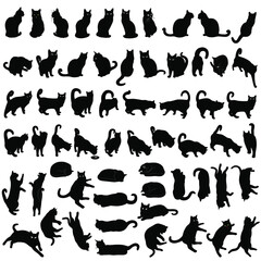 Big set of black vector silhouettes of cats in different poses. Icon of cats isolated on white background.