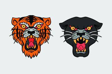 tiger and black panther illustration print on t-shirts,jacket,souvenirs or tattoo free vector