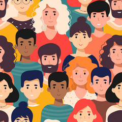 Vector seamless pattern with young men women. Crowd of men women. Diverse group of stylish people standing together. Society or population, social diversity. Flat cartoon vector illustration.