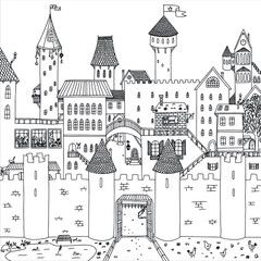 Fototapeta premium Castle coloring page: cute drawn detailed cartoon houses vector