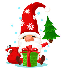 Christmas gnome with a bag of gifts and a Christmas tree in his hands sits