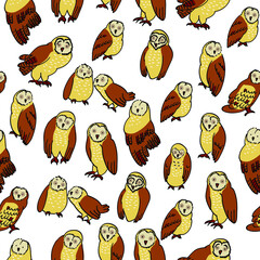 Owls, birds, fashion vector seamless pattern isolated on bright background. Concept for print, cards