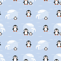 Seamless pattern with penguin and igloo houses among ice floes and arctic snows on a white background. Vector illustration in minimalistic flat style, hand-drawn. Christmas print for textiles - obrazy, fototapety, plakaty