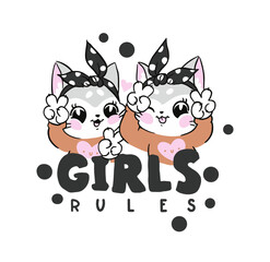 vector illustration. handdraw graphics. two girlfriends kittens show peace sign gesture. lettering girls rules
