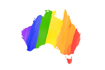 Detailed Australia country silhouette map in LGBT PRIDE rainbow colours on white