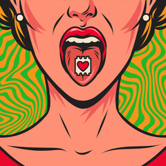 Woman's face with open mouth and drug stamp with a heart on her tongue, and psychedelic background. Acid drug. Vector comic hand drawn retro illustration. Pop art poster.