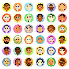 Multiethnic people avatars set in flat vector style. Smiling woman and men icons.