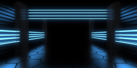 3D abstract background with neon lights. neon tunnel  .space construction . .3d illustration