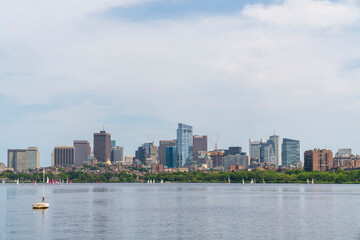 Obraz premium Panoramic picturesque skyline city view of Boston at day time, Massachusetts. An intellectual, technological and political center. Building exteriors of financial downtown.