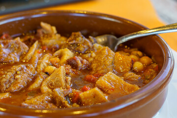 Beef tripe stewed with chickpeas. Typical Spanish food