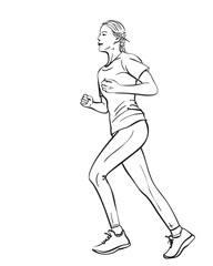 Sketch of running young woman, Hand drawn vector linear illustration