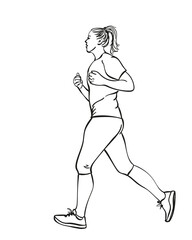 Fototapeta na wymiar Sketch of running young woman, Hand drawn vector linear illustration