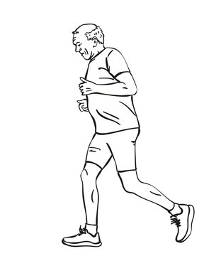 Sketch of running senior man, Hand drawn vector linear illustration