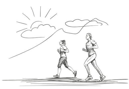 Sketch of running outdoor two young women on mountain background, Hand drawn vector illustration