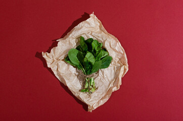 Green spinach vegetables on a craft paper and red background.