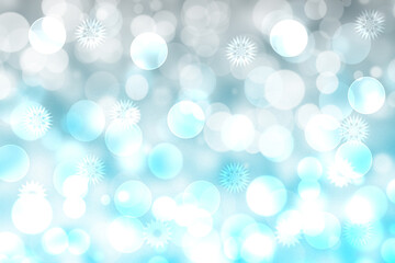 Abstract festive gradient light gray silver turquoise bokeh background texture with white bokeh lights and stars. Beautiful backdrop with space for christmas, invitation or other holidays.