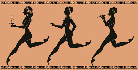 Representative figures of classical Greek ceramics. Three girls running and dancing, playing music and carrying a pot
