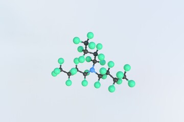 Perfluorotributylamine molecule made with balls, scientific molecular model. 3D rendering