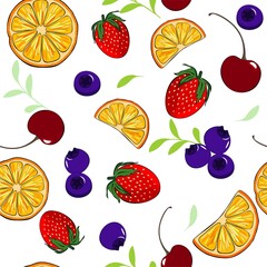 Berries and fruits on a seamless background in vector. Pattern with strawberries, cherries, blueberries and orange slices