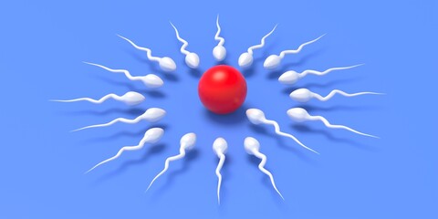 Fertilization.  Sperm cells moving to female ovum egg on blue background. 3d illustration - obrazy, fototapety, plakaty