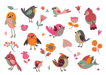 Set of birds in cute minimalistic scandinavian style. Multi-colored feathered characters. Vector illustration, isolate. Collection of chicks and plants. Jay, sparrow, swallow and others.