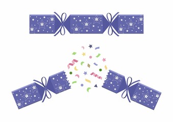 Christmas cracker isolated on white background. Pulled very peri cracker with stars 