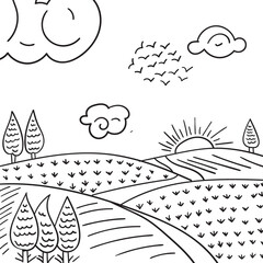 Beautiful hill village Vector art for kids coloring book black and white Illustration.