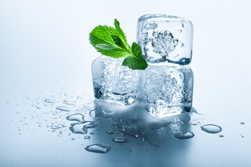Top view of mint leaves with ice cubes and water drops on pastel background