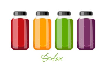 Orange, red, green, purple smoothie. Glass smoothie bottles. Detox Food and drinks isolated on white For menu, banner for healthy eating. Healthy drink concept. Vitamines and diet. Shake and smoothie.