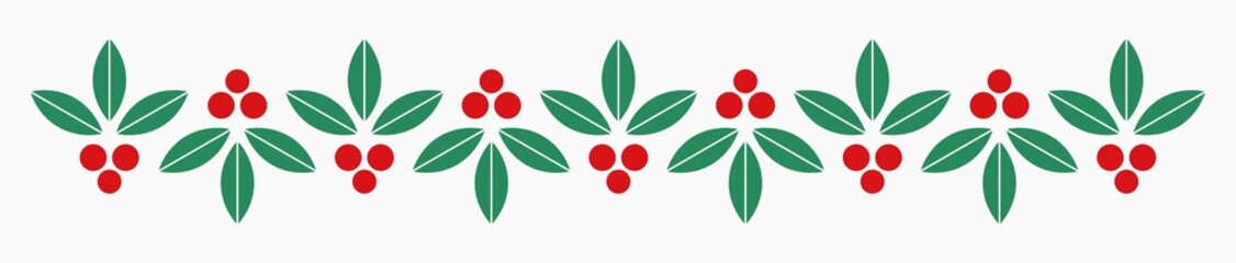Christmas holly berries flat pattern border. Vector illustration