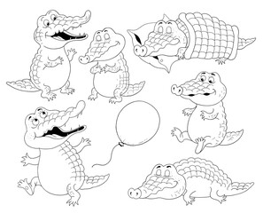 set of cute and funny crocodiles. Coloring page. Poster. Illustration for children. Funny cartoon characters isolated on white background. Clip art.
