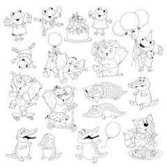 set of cute and funny animals.  Crocodiles, frogs. elephants, cats. Coloring page. Poster. Illustration for children. Funny cartoon characters isolated on white background. Clip art.