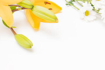 Frame with yellow lilies on white background