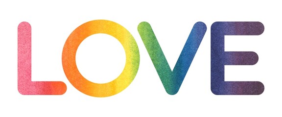 Word love illustration with hand drawn watercolor fill. Text with rainbow spectrum lgbt flag colors. Pride logo isolated on a white background. Element for banner, poster, t-shirt print design