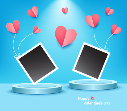 Valentine's day greeting card with flying pink heart balloons, two vintage photos, fresh spring blue background. I love you, vector horizontal banner, poster. Love sign. 3d realistic podiums, stages.