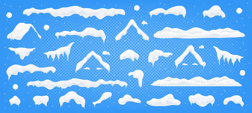 Snow cap vector set with snowflakes, frozen icicles, snowballs and snowdrifts. Christmas design isolated elements. Cartoon blue snowy background. Winter windows, roofs and chimneys frame elements.  