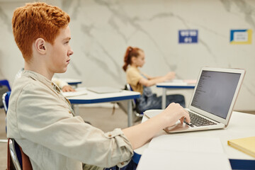 Side view portrait of red haired teenage boy using laptop while coding in school classroom, copy...