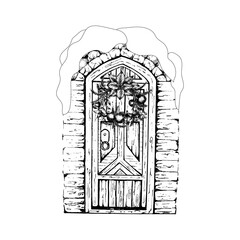 Hand drawn vintage door.Black and white, isolated on a white background.