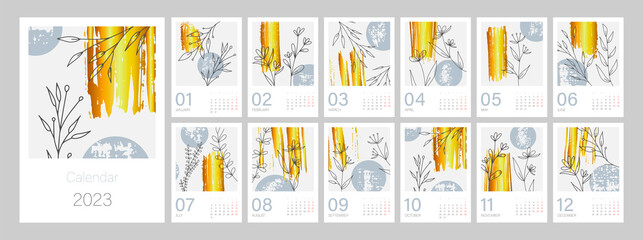 Fototapeta Botanical calendar template for 2023. Vertical gold luxury design with floral branch. Editable illustration page template A4, A3, set of 12 months with cover. Vector mesh. Week starts on Monday. obraz