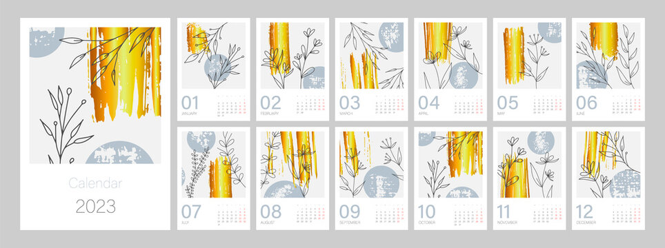 Botanical calendar template for 2023. Vertical gold luxury design with floral branch. Editable illustration page template A4, A3, set of 12 months with cover. Vector mesh. Week starts on Monday.