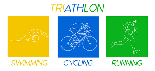 Triathlon. Linear hand drawn athletes. Competition in swimming, cycling and running. Vector illustration